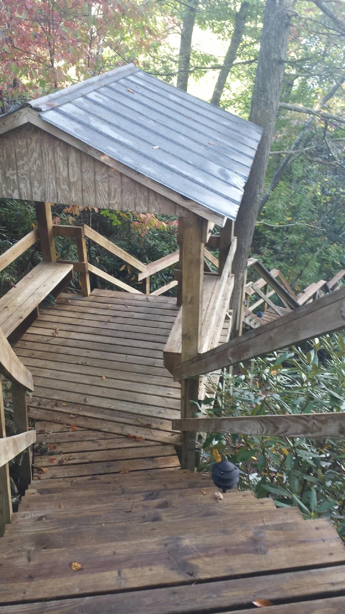 Metal roofed shelter over wooden steps on a wooded walkway — Skylight Repair & Installation work by our crew in Moorland